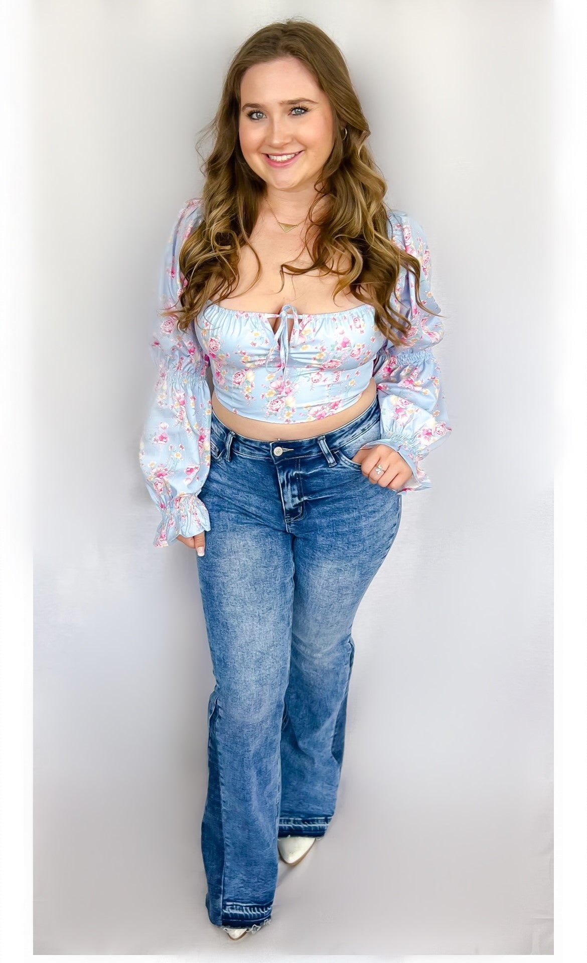 Country Girl Baby Blue Puff Sleeve Crop Top
